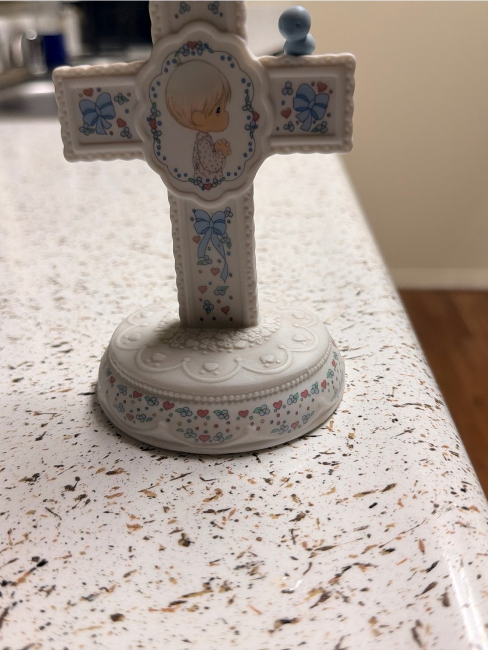 Precious Moments White Porcelain Cross with Blue and Pink Accents